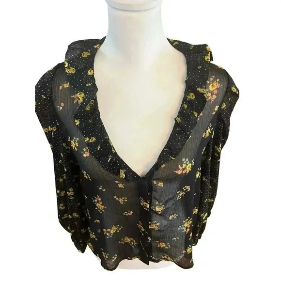 ZARA button up floral sheer ruffled neck womens size small - Picture 5 of 10